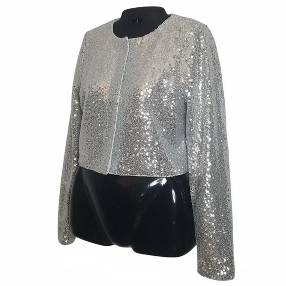 GOOD AMERICAN Silver Sequin Embellished Cardigan Top Size Small NWT $179 - Picture 3 of 9
